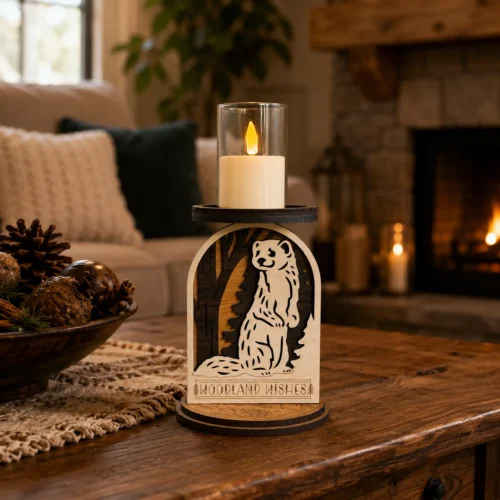 Three-layer wooden weasel candle holder with an LED candle displayed on a rustic table near a fireplace