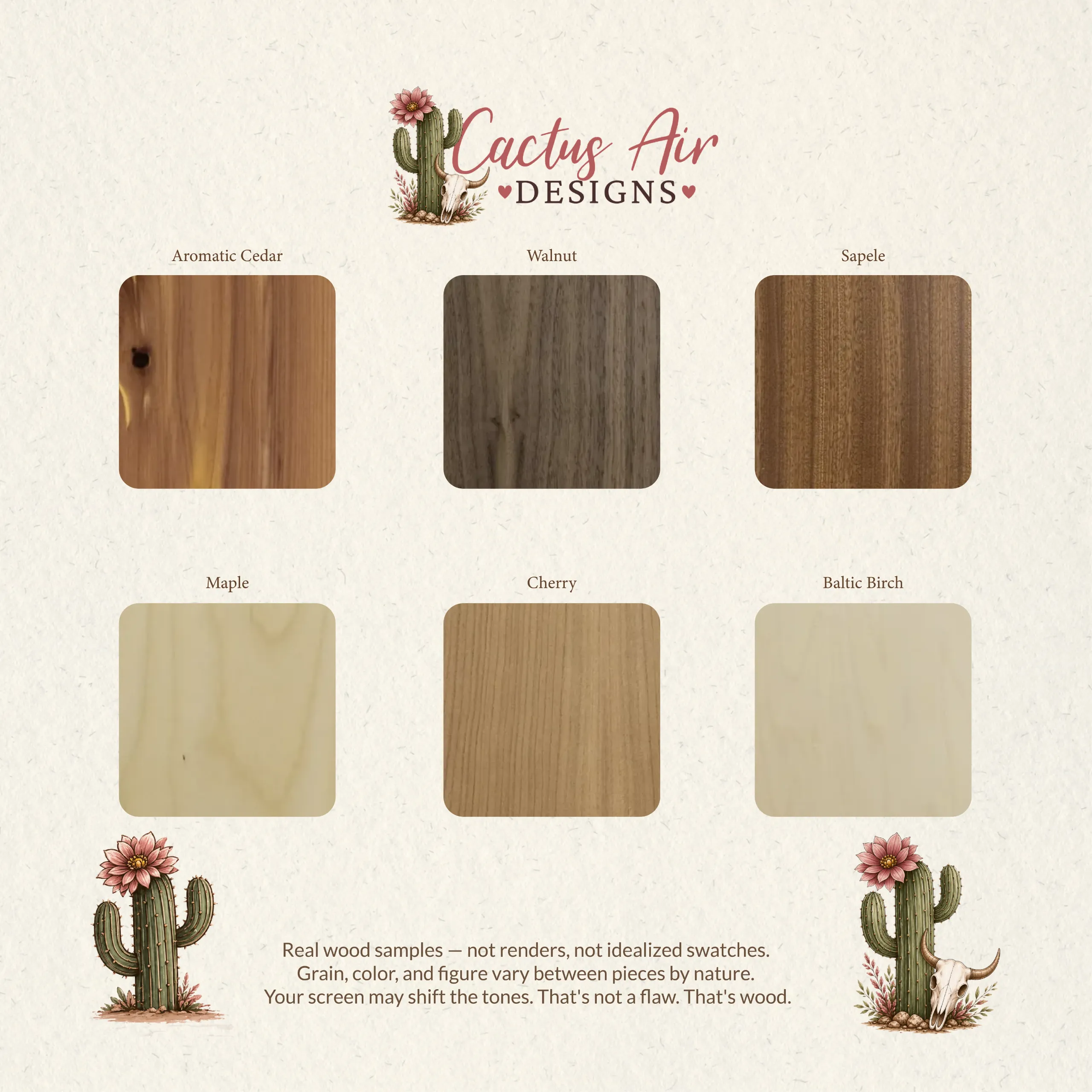 Six natural wood species swatches including aromatic cedar, walnut, sapele, maple, cherry, and Baltic birch