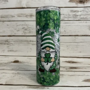 gnome and clovers shimmer tumbler front angle three gnomes patterned hats