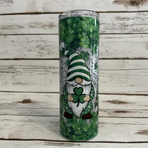 gnome and clovers shimmer tumbler front angle three gnomes patterned hats