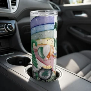 White Shimmer St. Patrick’s Day gnome tumbler sitting inside a standard car cup holder.