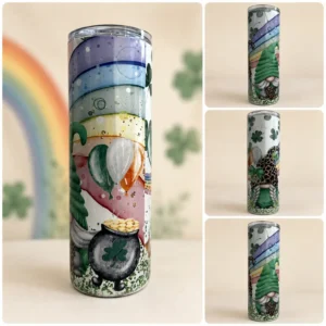 All four side profiles of the iridescent gnome tumbler showing the continuous wrap of shamrocks, balloons, and pot of gold.