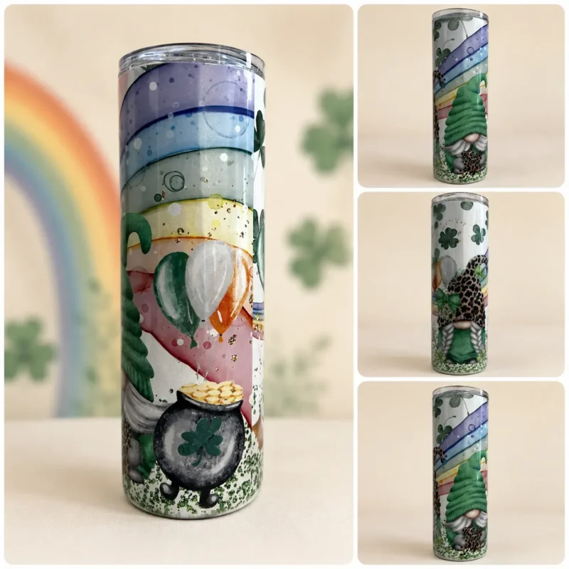 All four side profiles of the iridescent gnome tumbler showing the continuous wrap of shamrocks, balloons, and pot of gold.