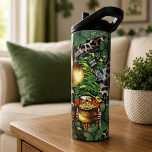 Leprechaun gnome tumbler displayed on a wooden side table