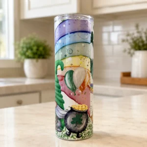 St. Patrick’s Day Gnome Tumbler displayed upright on a kitchen counter next to potted plants and cozy home decor.