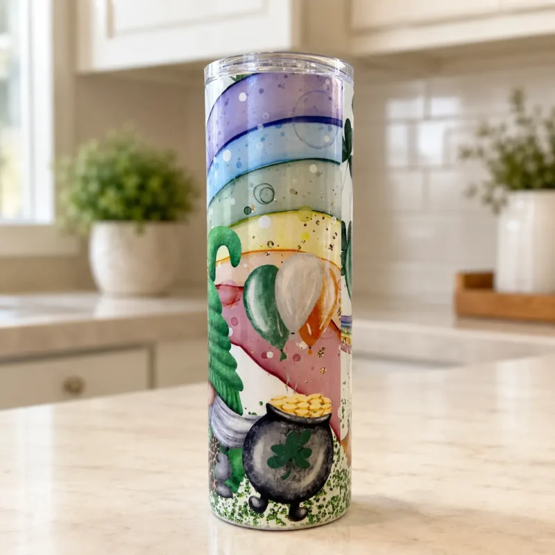 St. Patrick’s Day Gnome Tumbler displayed upright on a kitchen counter next to potted plants and cozy home decor.