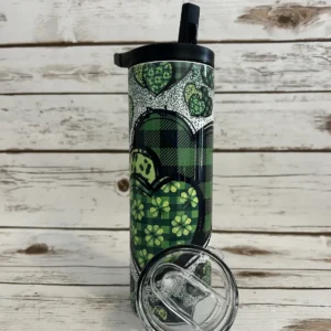 gorgeous green hearts tumbler second angle flip lid clover hearts detail