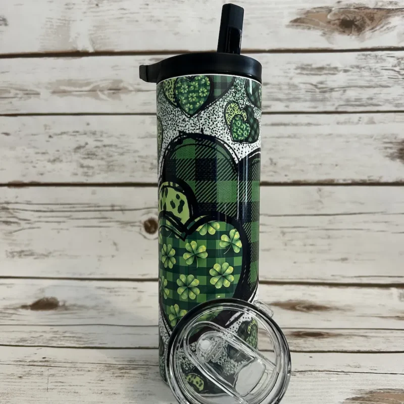 gorgeous green hearts tumbler second angle flip lid clover hearts detail
