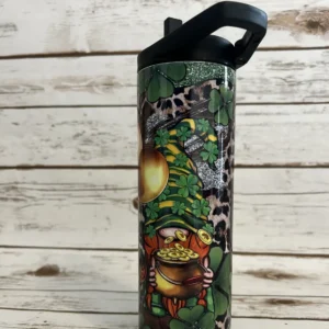 Leprechaun gnome tumbler with shamrocks and pot of gold