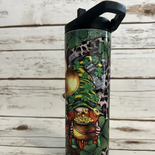 Leprechaun gnome tumbler with shamrocks and pot of gold