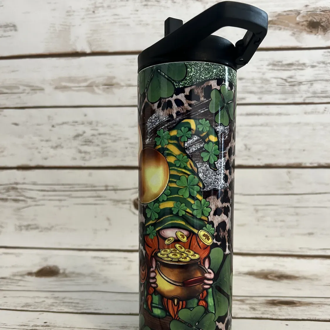 Leprechaun gnome tumbler with shamrocks and pot of gold