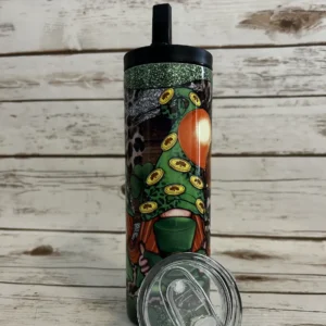 Green-hat gnome tumbler shown with two screw-on lids