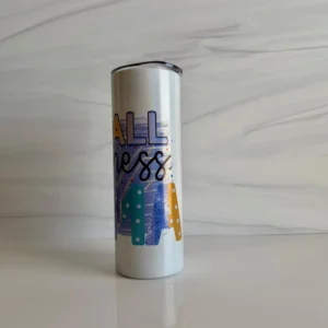 Side view of Small Business Mama Tumbler showing colorful print and shimmer finish