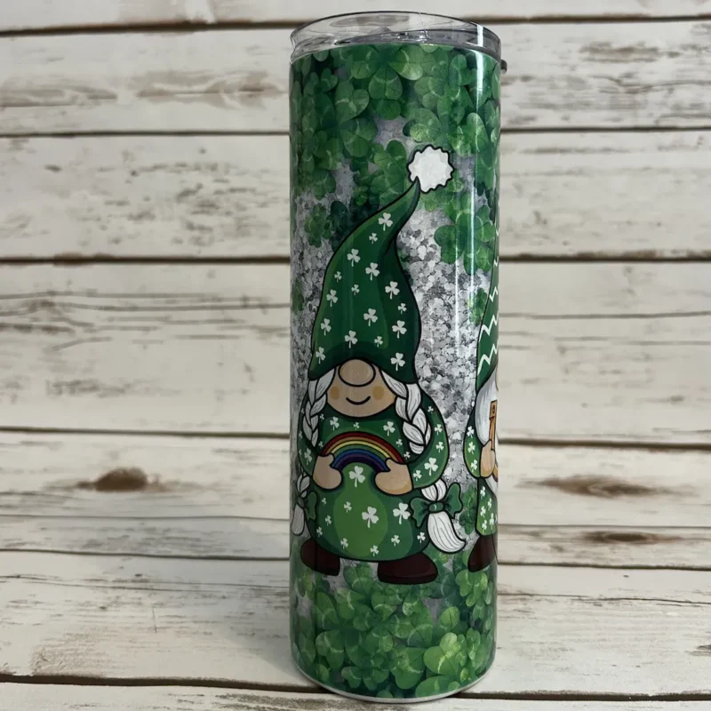 st patricks day gnome shimmer tumbler third angle design detail